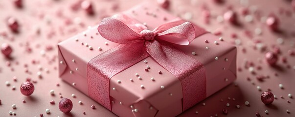 Pink Gift Box with Ribbon on Soft Pastel Table Top View for Birthday Mother Day Wedding Valentine's Day Celebration