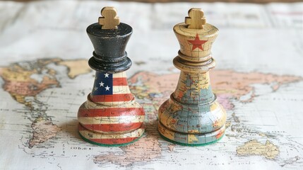 Fototapeta premium Wooden chess pieces with world map and national flags on vintage background