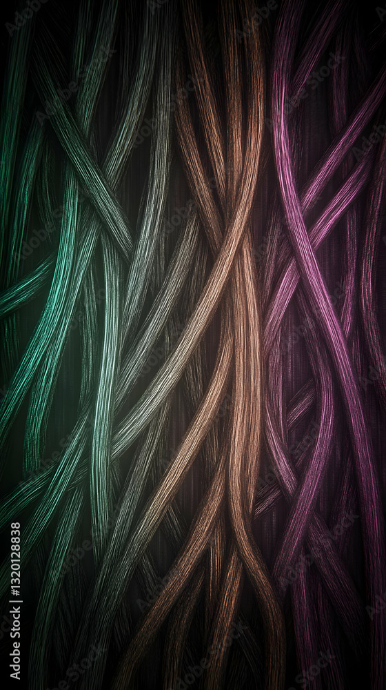 Poster abstract 3d render of intertwined colorful strands, creating a textured background with gradient hue