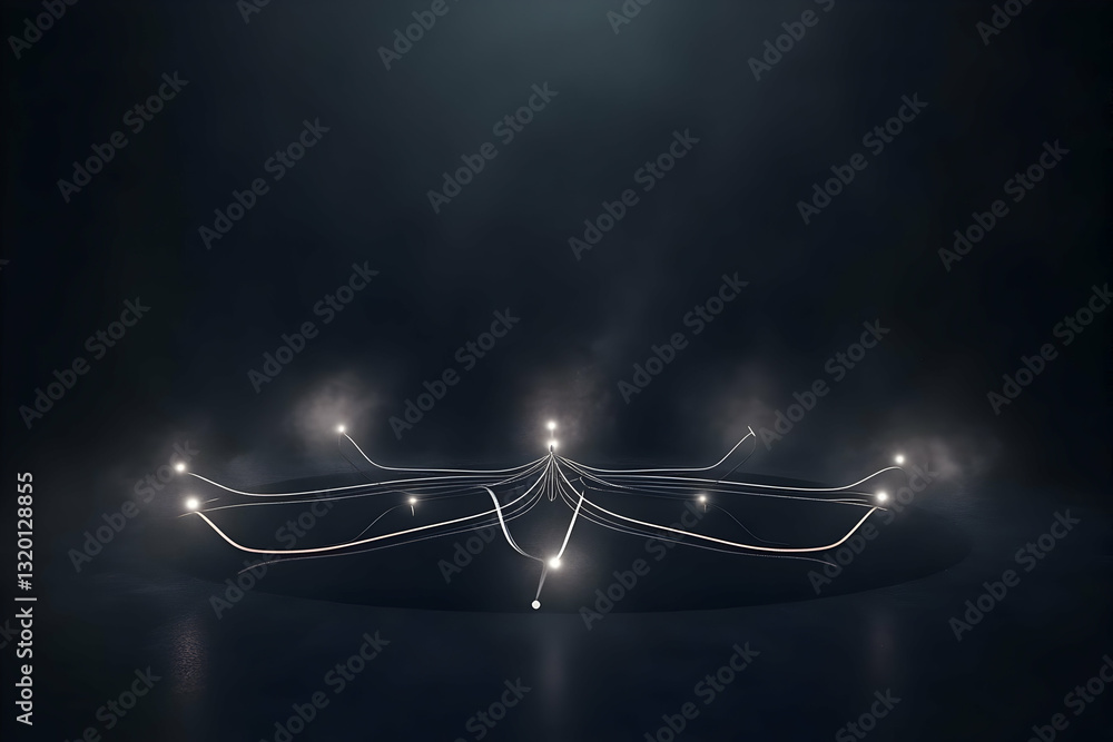 Poster abstract 3d rendering of glowing lines converging on a dark surface, creating a network visualizatio