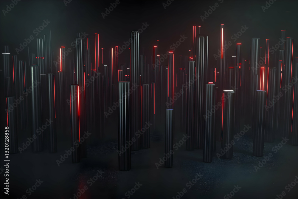 Poster abstract 3d render of a dark cityscape with red neon lights illuminating black cylindrical structure