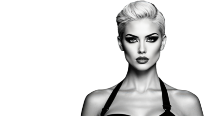 Monochrome close-up portrait of a young woman with short blonde hair and dark clothing, featuring strong contrast and elegant studio lighting against the transparent background.