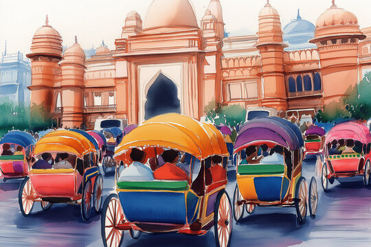 Colorful tonga carriages leaving the bara imambara in lucknow, india