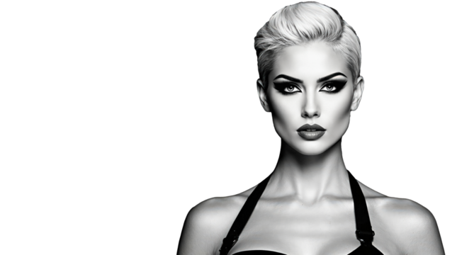 Monochrome close-up portrait of a young woman with short blonde hair and dark clothing, featuring strong contrast and elegant studio lighting against the transparent background.