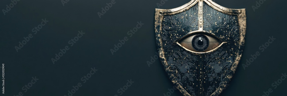 Poster shield featuring cybernetic patterns and robotic eye symbolizes artificial intelligence in cybersecu