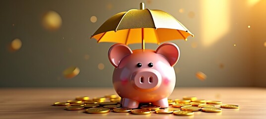 piggy bank under golden umbrella in coin rain for financial protection