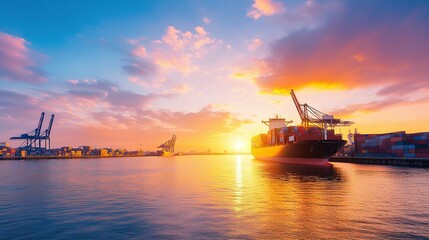 Obraz premium A large cargo ship anchored in a harbor during sunset