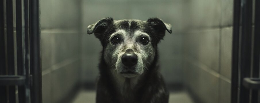 A focused dog staring directly at the camera in hallway setting - Powered by Adobe