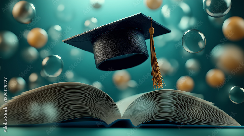 Poster Graduation cap floating above open book with bubbles in background symbolizing knowledge and achievement