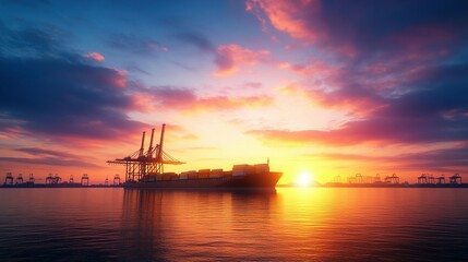 Fototapeta premium A large cargo ship approaches a harbor at a vibrant sunset