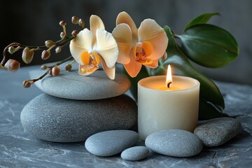 Zen Spa Still-Life with Gray Stones Candle and Orchid Flower
