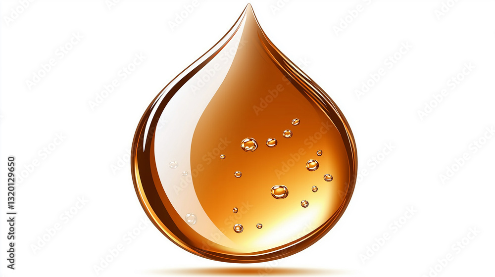 Poster shiny oil drop falling and splashing with bubbles on white background