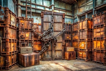 Obraz premium Forgotten Industrial Relic A Rusty Gateway Secured by Heavy Chains Within an Abandoned Factory