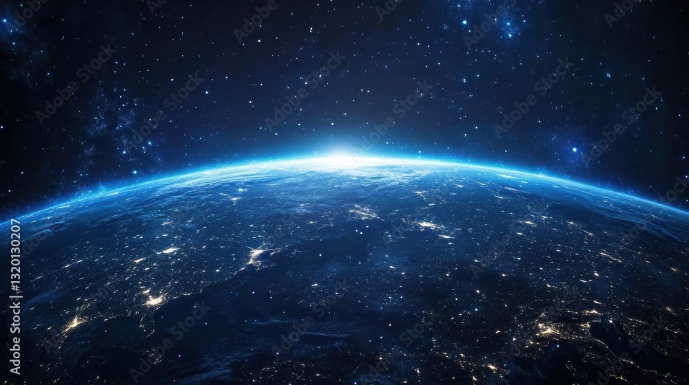Poster night view of planet earth from space showcasing communication lines and global connections for busi