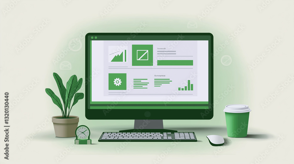 Poster Computer displaying business data and growth charts, representing a modern and productive workspace