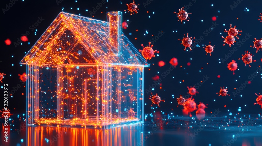 Poster digital representation of a glowing house surrounded by floating virus particles in a futuristic env