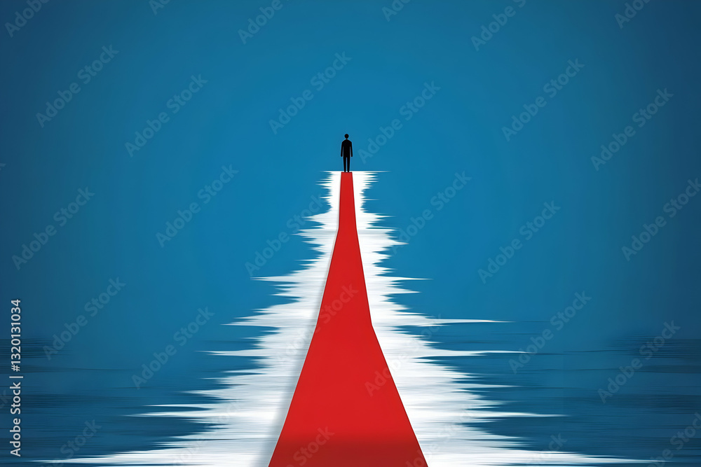 Aufkleber abstract illustration: a lone figure stands on a red carpet path extending into a blue abstract back