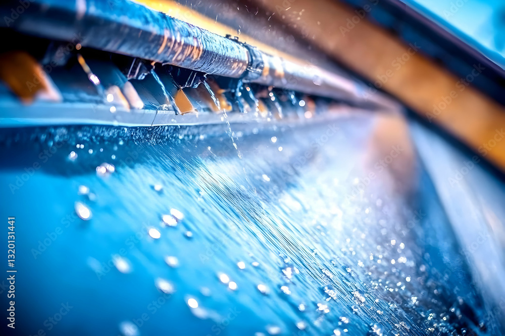 Poster abstract blue water cascading from a metallic structure, a close-up view of sparkling droplets and r