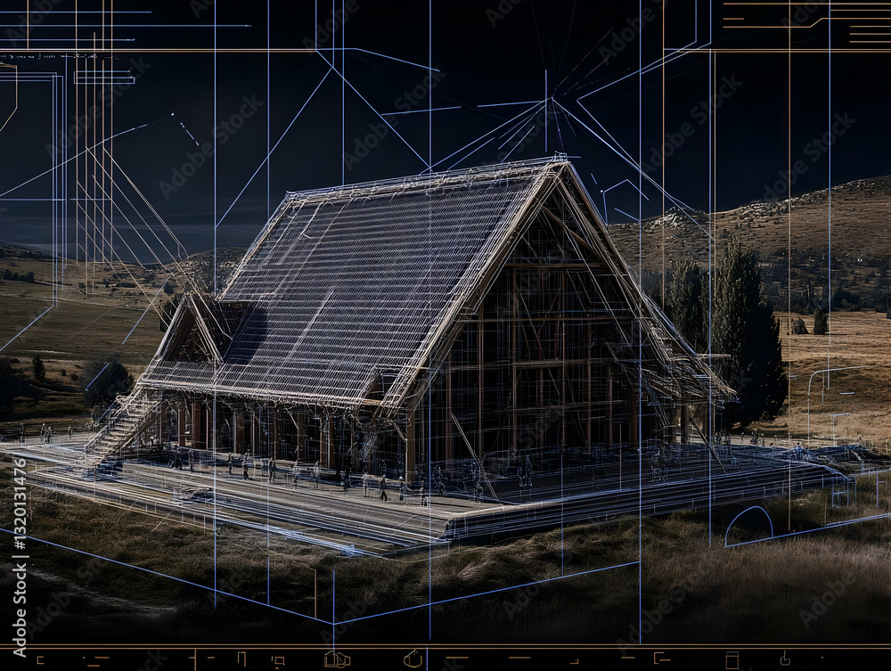 Poster digital architectural rendering: timber structure building with wireframe overlay in a landscape set