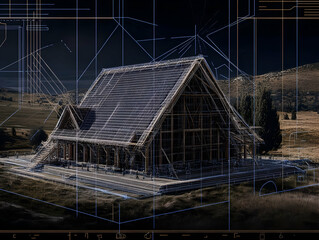 Digital Architectural Rendering: Timber Structure Building with Wireframe Overlay in a Landscape Setting