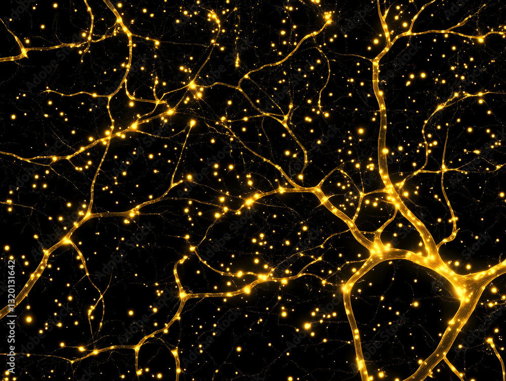Poster abstract 3d golden neural network illustration with glowing nodes and connections background