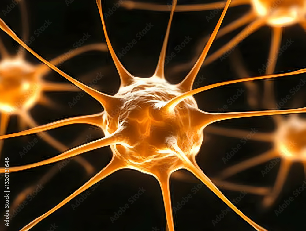 Aufkleber 3d render of neuron network: golden axons branching and connecting in dark background, abstract neur