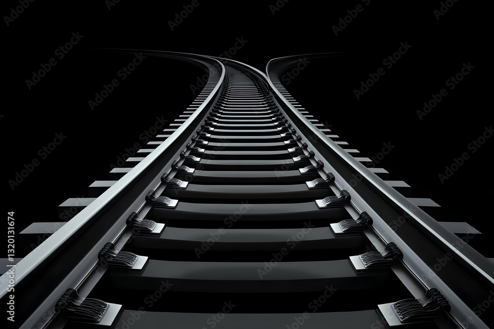 Poster 3d render of a train track splitting into two paths on a black background