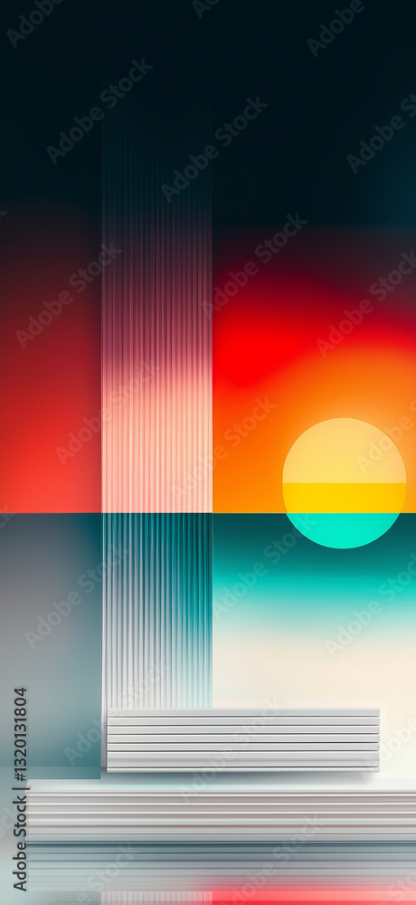 Poster two empty podiums reflecting on shiny surface under colorful sunset background
