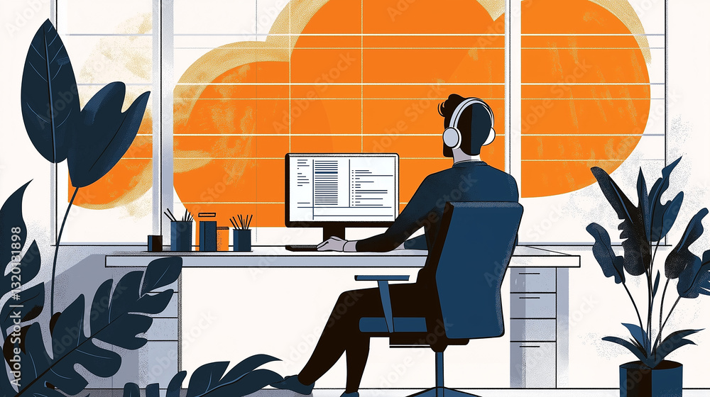 Fototapete Programmer working from home wearing headphones and coding on computer