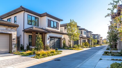Fototapeta premium Modern Neighborhood Homes with Stylish Architecture and Clear Blue Skies
