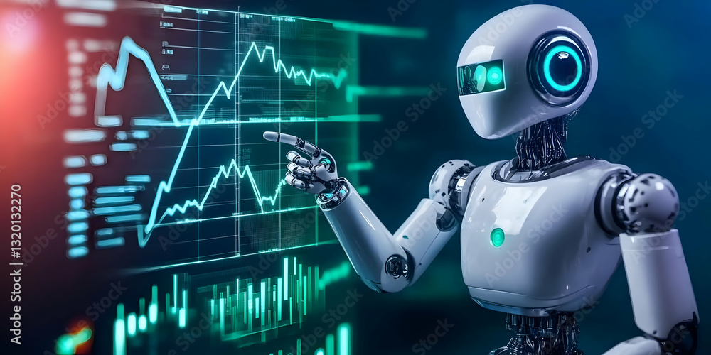 Aufkleber futuristic robot analyzes stock market data trends on a digital screen with precise gestures.