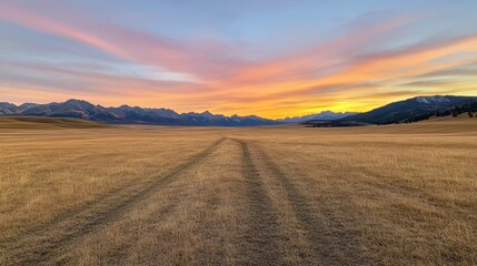 Fototapeta premium Serene Sunset Over Vast Golden Field With Mountain Landscape