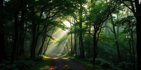 Obraz premium Sunlit Forest Path Through Tall Trees