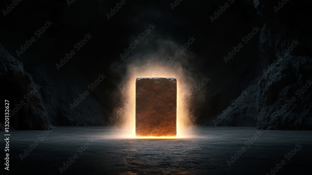 Poster mysterious glowing cube illuminated in dark cave environment