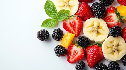 Obraz premium Fresh Variety of Colorful Fruits on Light Background for Healthy Lifestyle