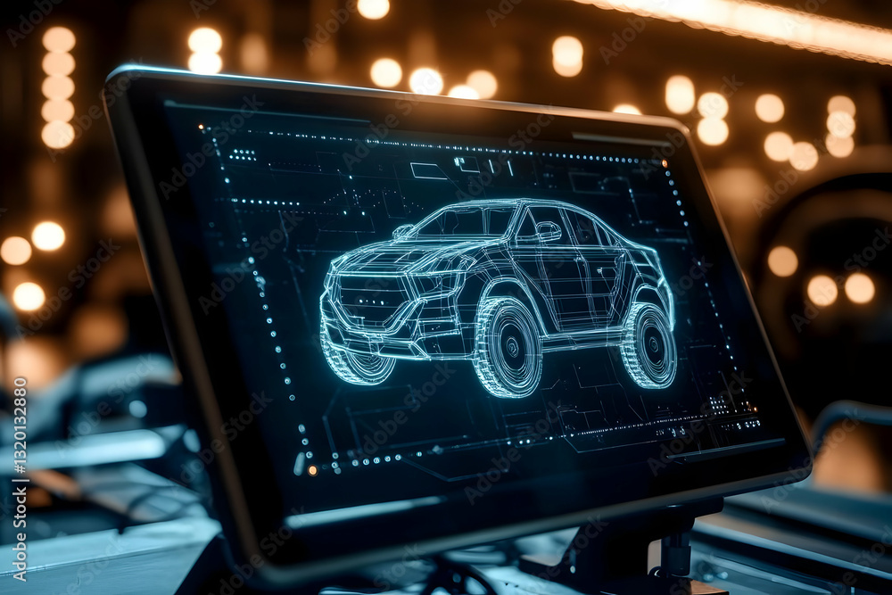Poster digital wireframe suv design displayed on computer screen in dark setting