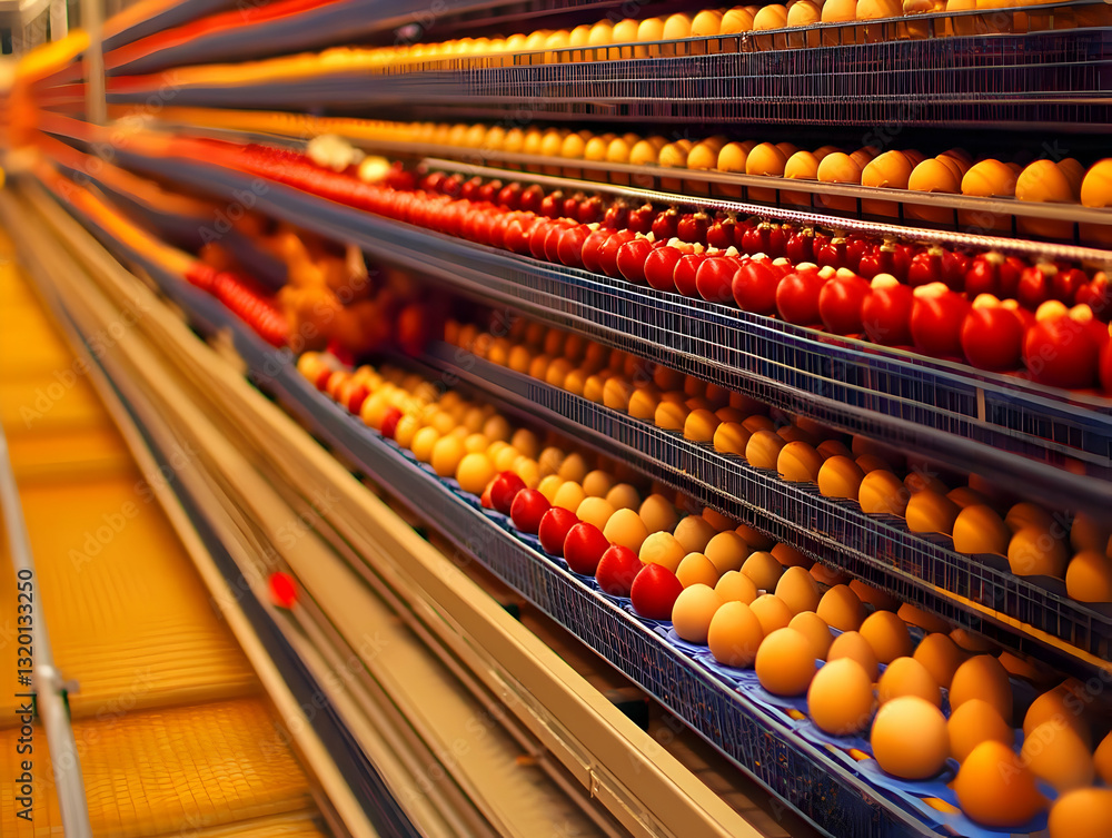 Aufkleber automated egg sorting system: rows of eggs and tomatoes moving along conveyor belts in a processing 