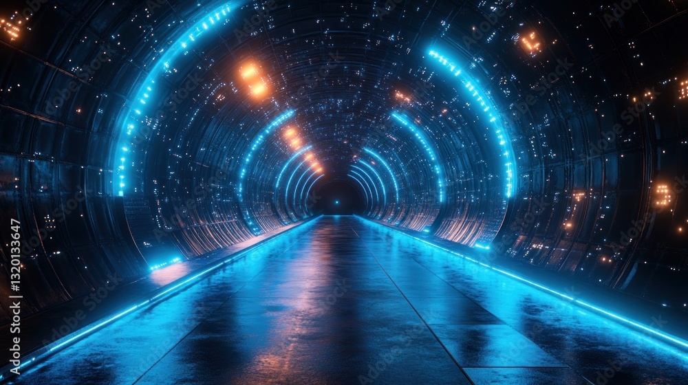 Poster futuristic cyber tunnel with glowing neon lights immersive space background for data transfer concep