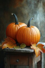 autumn pumpkins and colorful leaves on rustic wooden table for Halloween and Thanksgiving seasonal decoration
