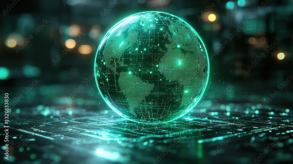 Aufkleber glowing green holographic sphere with geometric patterns and wireframe design in cyberpunk style
