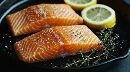 Cooking Fresh Salmon with Lemon and Thyme Kitchen Food Photography Indoor Close-Up Culinary Art