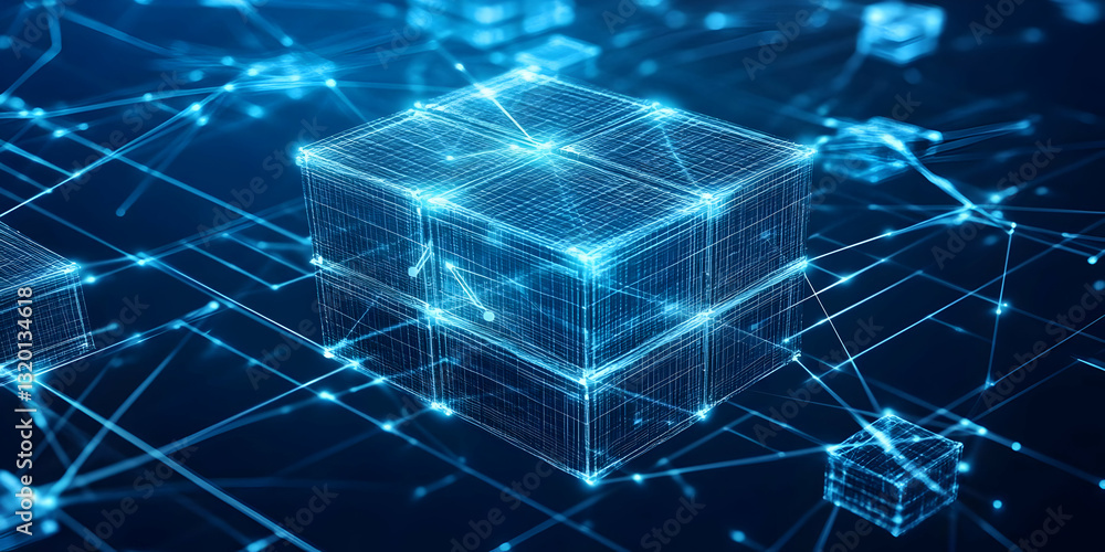 Aufkleber abstract 3d rendering of interconnected cubes forming a digital network, glowing with blue light