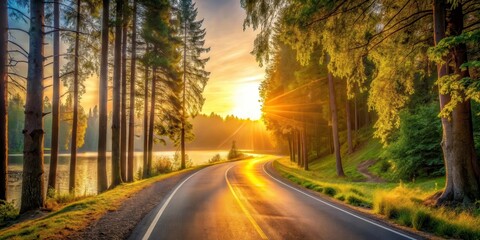 Golden Hour Drive Through a Serene Forest Landscape Featuring a Winding Asphalt Road Beside a Tranquil Lake at Sunset