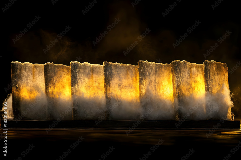 Poster illuminated ice blocks create dramatic abstract background, glowing with warm light in smoky atmosph