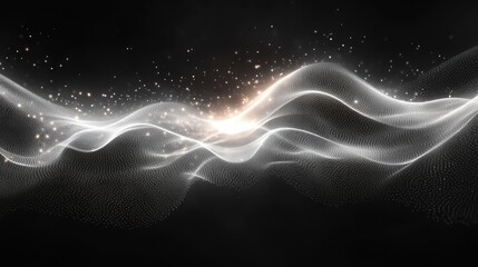 Fototapeta premium Minimalist Digital Art Black Background Flowing White Waves Glowing Particles Abstract Design