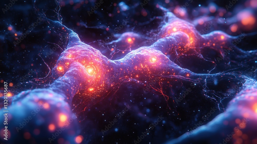 Poster futuristic digital network with glowing nodes and lines in deep space blue background cyberpunk styl