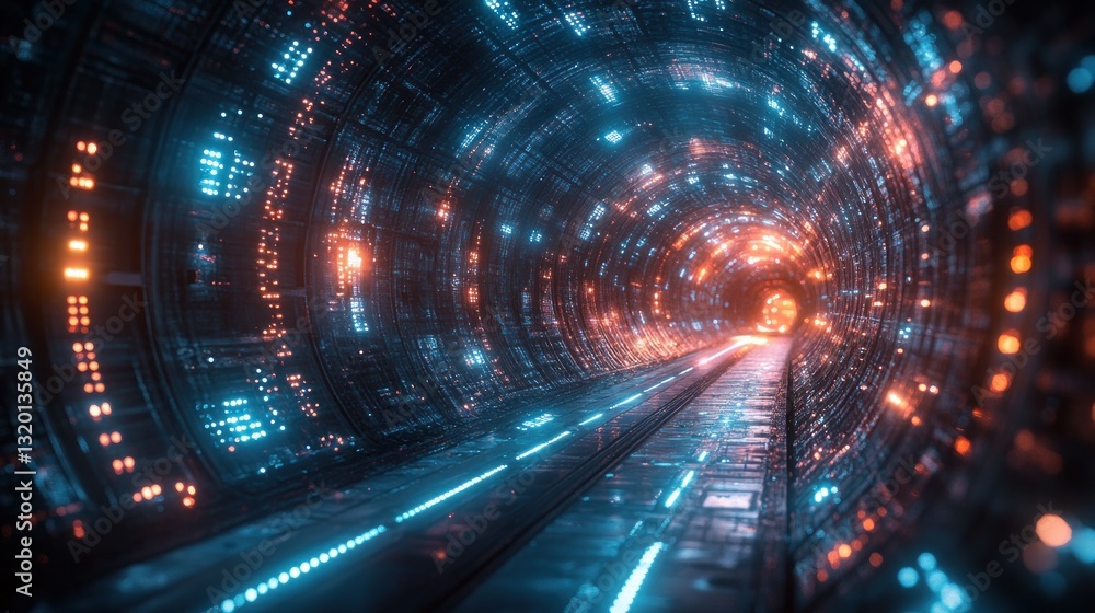 Poster futuristic cyber vortex of glowing particles in infinite space background with neon light effects