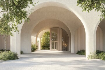 Fototapeta premium Arched architecture leading to a building with large glass windows