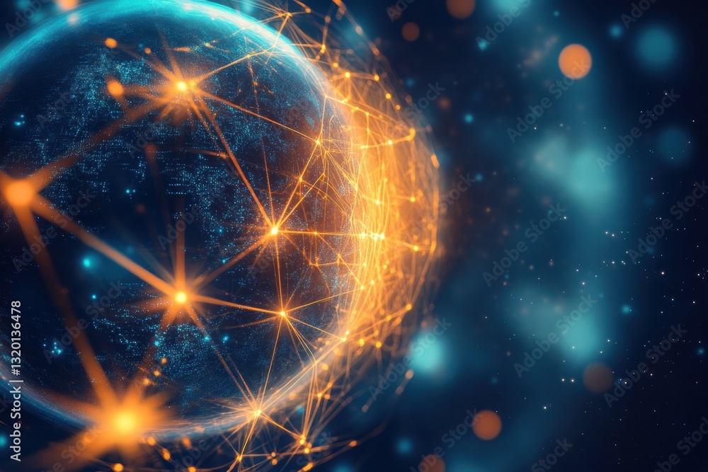 Poster Multiple spheres connected by light beams represent unique virtual worlds in a cosmic setting created with compositional techniques