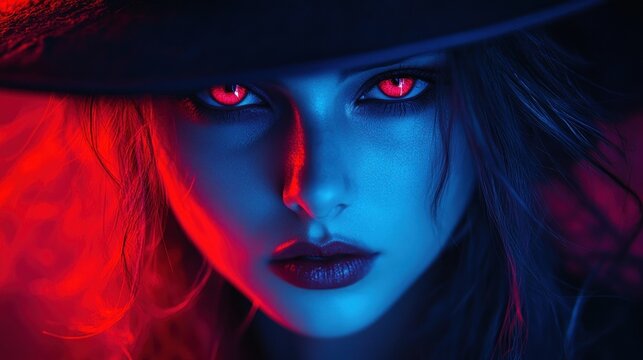 Vampire Woman Close-Up Portrait Dark Fantasy Gothic Horror with Glowing Teeth and Wide-Brimmed Hat